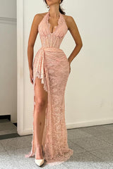 Elegant Dusty Rose Halter Sleeveless Lace Prom Dresses Mermaid Sheath With High Split