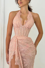 Elegant Dusty Rose Halter Sleeveless Lace Prom Dresses Mermaid Sheath With High Split