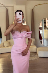 Charming Pink One Shoulder Satin Mermaid Prom Dresses Sheath With Beads
