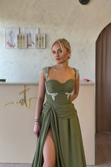 Timeless Moss Sweetheart Straps Sleeveless Prom Dresses High Split Gem With Pleats
