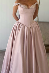 Romantic Dusty Pink Sweetheart Off The Shoulder Satin Prom Dresses A-Line With Beads Pleats