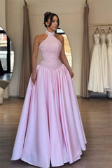 Chic Pink Halter Sleeveless Satin Prom Dresses A-Line Sequins With Pleats