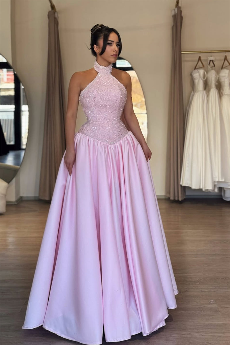 halter a line prom dress Chic Pink Sleeveless Satin Dresses A-Line Sequins With Pleats soft ruffles