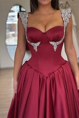 Dazzling Burgundy Sweetheart Straps Sleeveless Satin Prom Dresses A-Line Gem With Pleats
