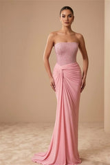 Glamorous Pink Strapless Sleeveless Mermaid Prom Dresses Sheath Sequins With Pleats