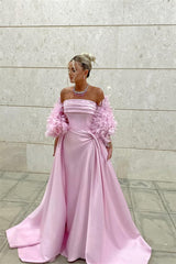 Timeless Pink Strapless Sleeveless Satin Prom Dresses Floor Length With Pleats Feather