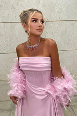 Timeless Pink Strapless Sleeveless Satin Prom Dresses Floor Length With Pleats Feather