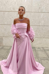 Timeless Pink Strapless Sleeveless Satin Prom Dresses Floor Length With Pleats Feather