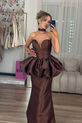 Elegant Chocolate Sweetheart Strapless Sleeveless Satin Prom Dresses Mermaid With Pleats