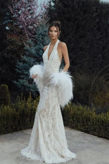Elegant V-Neck Halter Sleeveless Mermaid Prom Dresses Sheath Backless With Feather