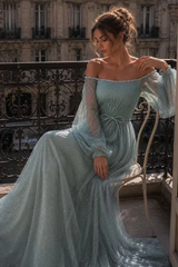 Charming Dusty Blue Off The Shoulder Long Sleeves Prom Dresses A-Line Gem With Zipper Pleats