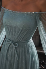 Charming Dusty Blue Off The Shoulder Long Sleeves Prom Dresses A-Line Gem With Zipper Pleats
