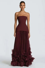 Chic Cabernet Strapless Sleeveless Floor Length Prom Dresses Zipper With Pleats