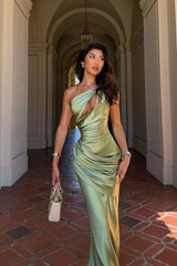Graceful Sage One Shoulder Sleeveless Satin Mermaid Prom Dresses Column With Lace-Up Back