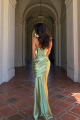 Graceful Sage One Shoulder Sleeveless Satin Mermaid Prom Dresses Column With Lace-Up Back