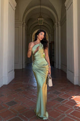 Graceful Sage One Shoulder Sleeveless Satin Mermaid Prom Dresses Column With Lace-Up Back
