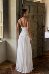 Luxury White Halter Sleeveless Lace Chiffon Prom Dresses Floor Length With Pleats Zipper