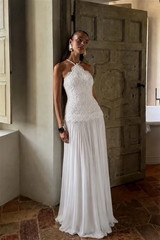Luxury White Halter Sleeveless Lace Chiffon Prom Dresses Floor Length With Pleats Zipper