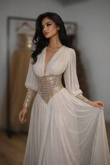Glamorous V-Neck Long Sleeves Chiffon Prom Dresses Floor Length Gem With Pleats