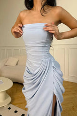 Charming Dusty Blue Strapless Sleeveless Mermaid Satin Prom Dresses High Split With Lace-Up Back
