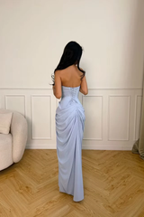 Charming Dusty Blue Strapless Sleeveless Mermaid Satin Prom Dresses High Split With Lace-Up Back