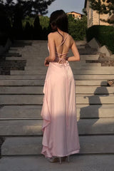 Pretty Pink Spaghetti-Straps Sleeveless Satin Prom Dresses Hi-Lo With Lace-Up Back