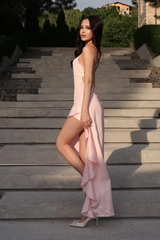 Pretty Pink Spaghetti-Straps Sleeveless Satin Prom Dresses Hi-Lo With Lace-Up Back