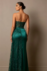 Graceful Green Sweetheart Spaghetti-Straps Sleeveless Satin Prom Dresses High Split Gem With Zipper