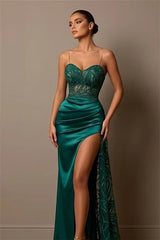 Graceful Green Sweetheart Spaghetti-Straps Sleeveless Satin Prom Dresses High Split Gem With Zipper