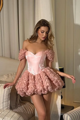 Romantic Dusty Rose Sweetheart Off The Shoulder Homecoming Dresses Mini With Flower