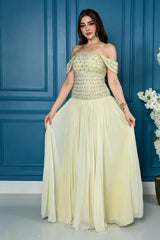 Glamorous Daffodil Off The Shoulder Chiffon Prom Dresses Gem Floor Length With Pleats