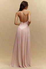 Charming Pink V-Neck Halter Sleeveless Prom Dresses Backless Floor Length With Zipper