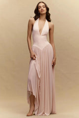 Charming Pink V-Neck Halter Sleeveless Prom Dresses Backless Floor Length With Zipper