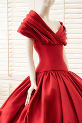 Elegant Red Off The Shoulder Satin Prom Dresses A-Line With Pocket Pleats