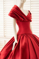 Elegant Red Off The Shoulder Satin Prom Dresses A-Line With Pocket Pleats