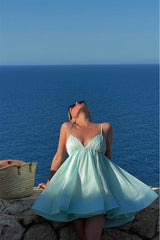 Chic Blue Spaghetti-Straps V-Neck Sleeveless Homecoming Dresses Mini With Criss-Cross Back
