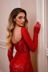 Charming Red Long Sleeves Prom Dresses High Split With Lace-Up Back