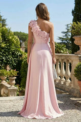 Graceful Pink One Shoulder Satin Prom Dresses Mermaid Column With Flower Zipper