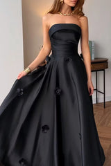 Elegant Black Strapless Sleeveless Satin Prom Dresses A-Line Ankle Length With Pleats