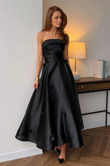Elegant Black Strapless Sleeveless Satin Prom Dresses A-Line Ankle Length With Pleats