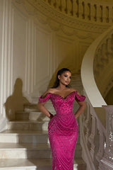 Dazzling Fuchsia Sweetheart Off The Shoulder Mermaid Gem Floor Length Prom Dresses