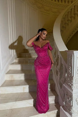 Dazzling Fuchsia Sweetheart Off The Shoulder Mermaid Gem Floor Length Prom Dresses