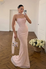 Timeless Pink Strapless Sleeveless Mermaid Prom Dresses Sheath With Beads Pleats