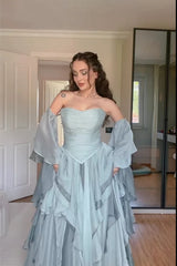 Charming Dusty Blue Sweetheart Strapless Chiffon Prom Dresses A-Line With Lace-Up Back