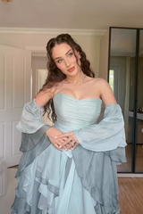 Charming Dusty Blue Sweetheart Strapless Chiffon Prom Dresses A-Line With Lace-Up Back