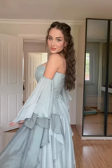 Charming Dusty Blue Sweetheart Strapless Chiffon Prom Dresses A-Line With Lace-Up Back