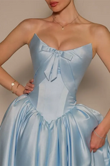 Graceful Sky Blue Strapless Sleeveless Satin Prom Dresses Ankle Length Pocket With Lace-Up Back