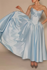 Graceful Sky Blue Strapless Sleeveless Satin Prom Dresses Ankle Length Pocket With Lace-Up Back