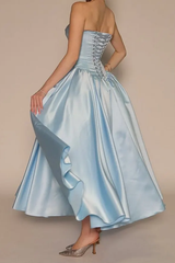 Graceful Sky Blue Strapless Sleeveless Satin Prom Dresses Ankle Length Pocket With Lace-Up Back