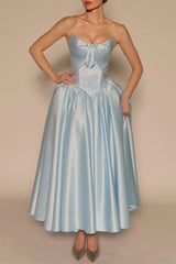 Graceful Sky Blue Strapless Sleeveless Satin Prom Dresses Ankle Length Pocket With Lace-Up Back